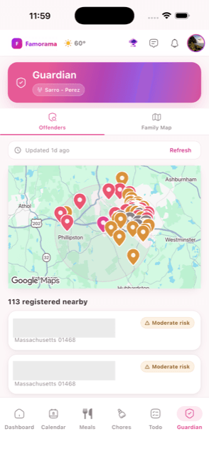 Guardian in the Famorama app, mapping registered offenders near your home