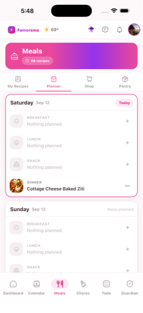 Recipes, Meal Planning + Smart Shopping, second screen