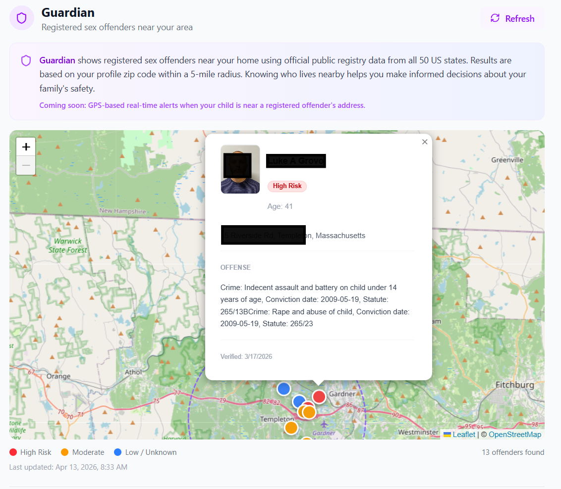 Guardian neighborhood safety map showing registered offenders near your home