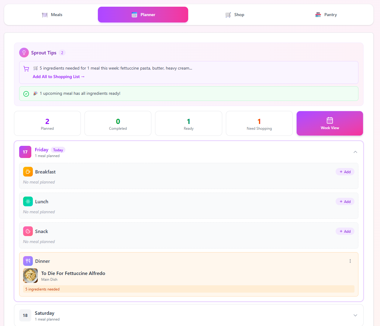 Recipes, Meal Planning + Smart Shopping view 2